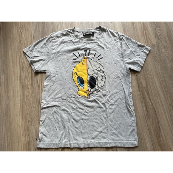 Tweety Bird X Black Keys Split Skull Mens T-Shirt Large Gray Cotton Looney Tunes - Picture 2 of 4